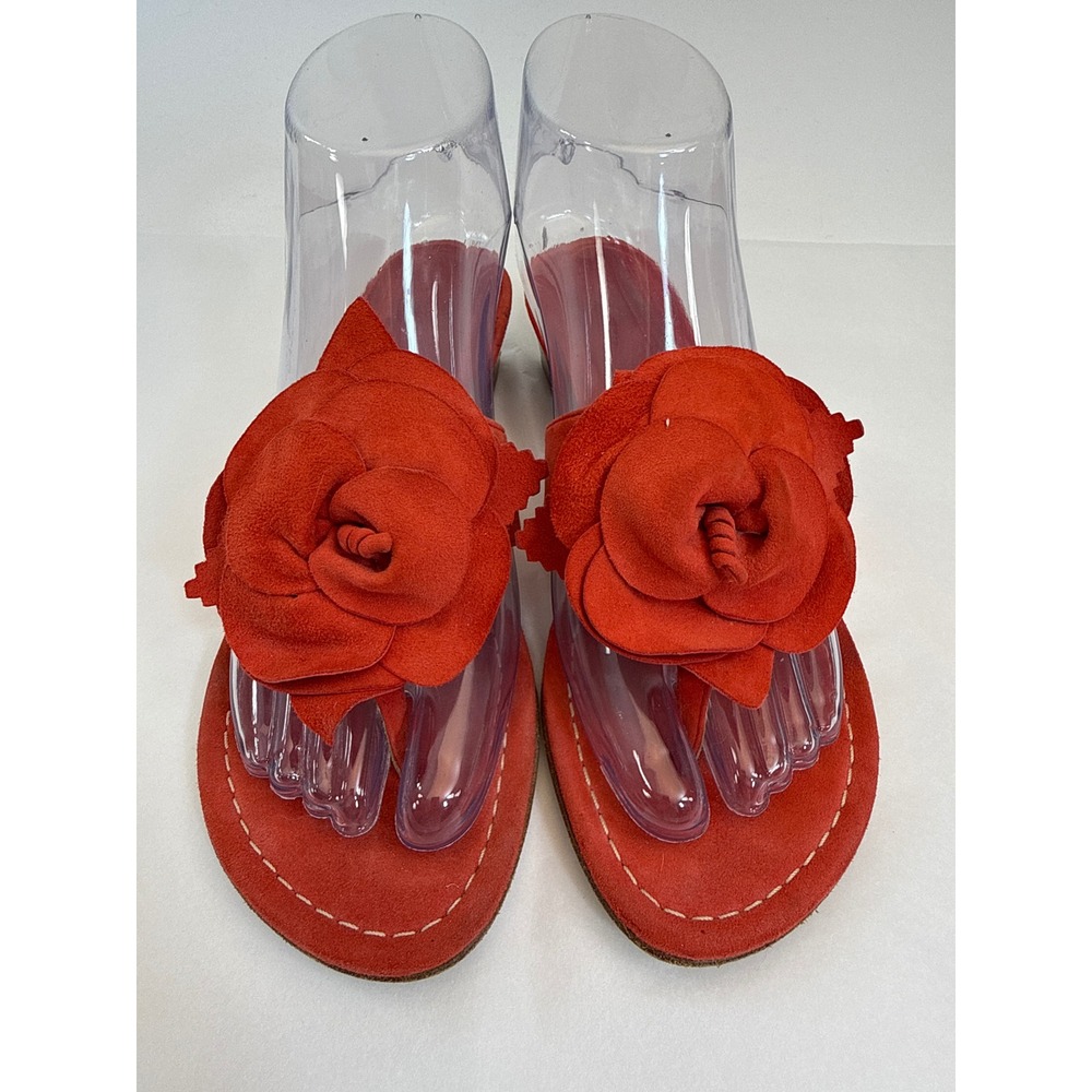 Stuart Weitzman Rose Poppy Thong Sandals Womens 6 Red Suede Floral Block Heel